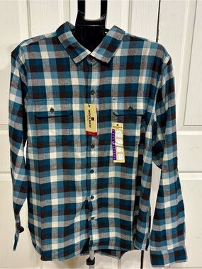 Woolrich Men's Teal, Brown and Cream Plaid Button-Down Shirt